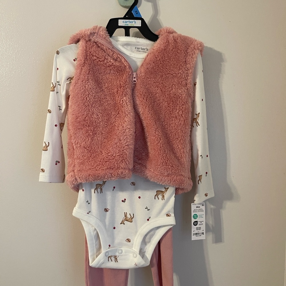 Carter's Pink Fleece Vest and Printed Bodysuit Set